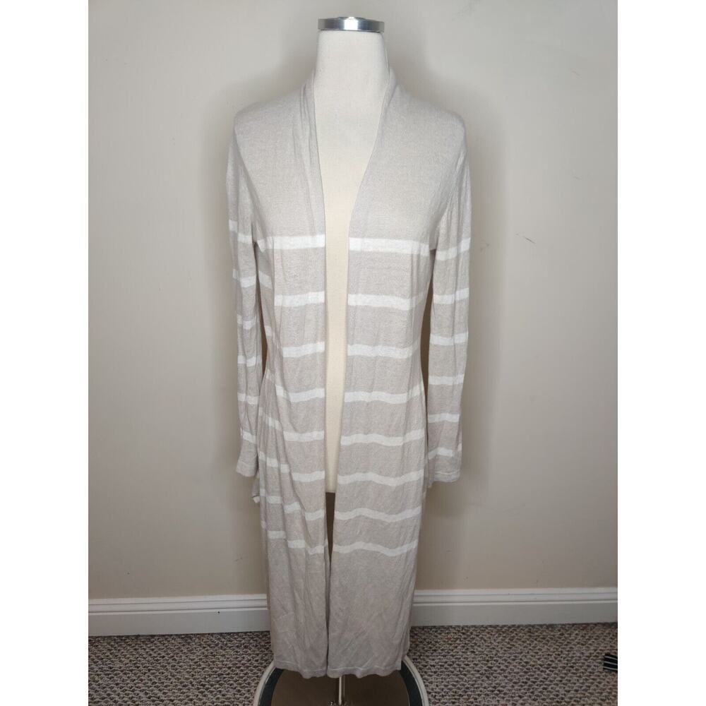 Max Studio Long Cardigan Sweater Linen Blend Stripe Beige White